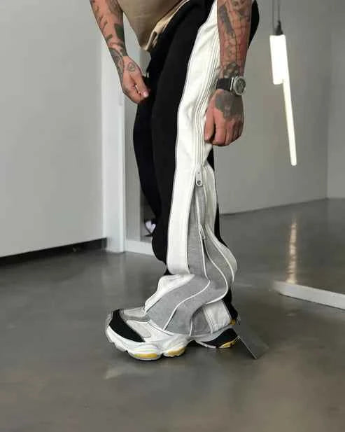 Wearcraft Grey & White Panel Wide-Leg Track Pants with Zipper Detail