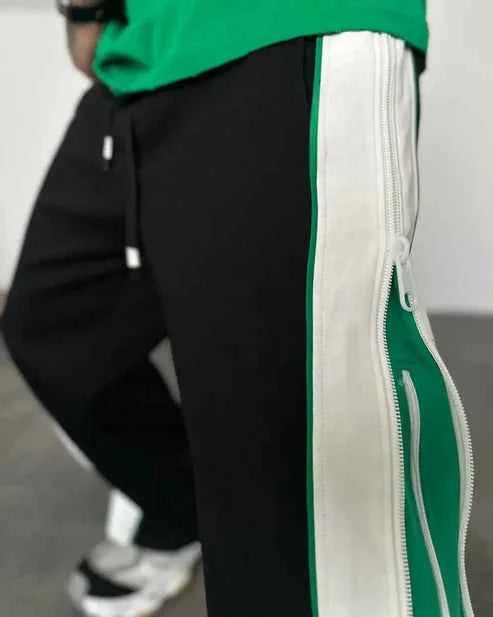 Wearcraft Green & White Panel Wide-Leg Track Pants with Zipper Detail