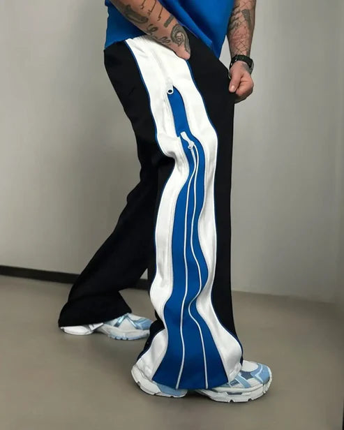 Wearcraft Blue & White Panel Wide-Leg Track Pants with Zipper Detail