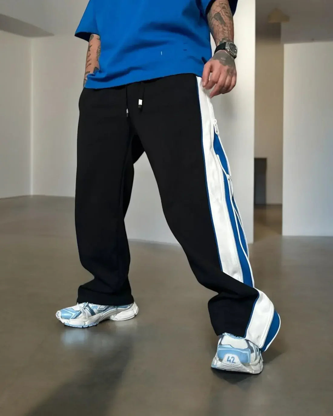 Wearcraft Blue & White Panel Wide-Leg Track Pants with Zipper Detail