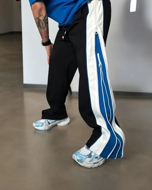 Wearcraft Blue & White Panel Wide-Leg Track Pants with Zipper Detail