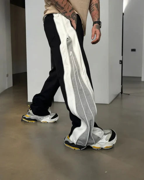 Wearcraft Grey & White Panel Wide-Leg Track Pants with Zipper Detail