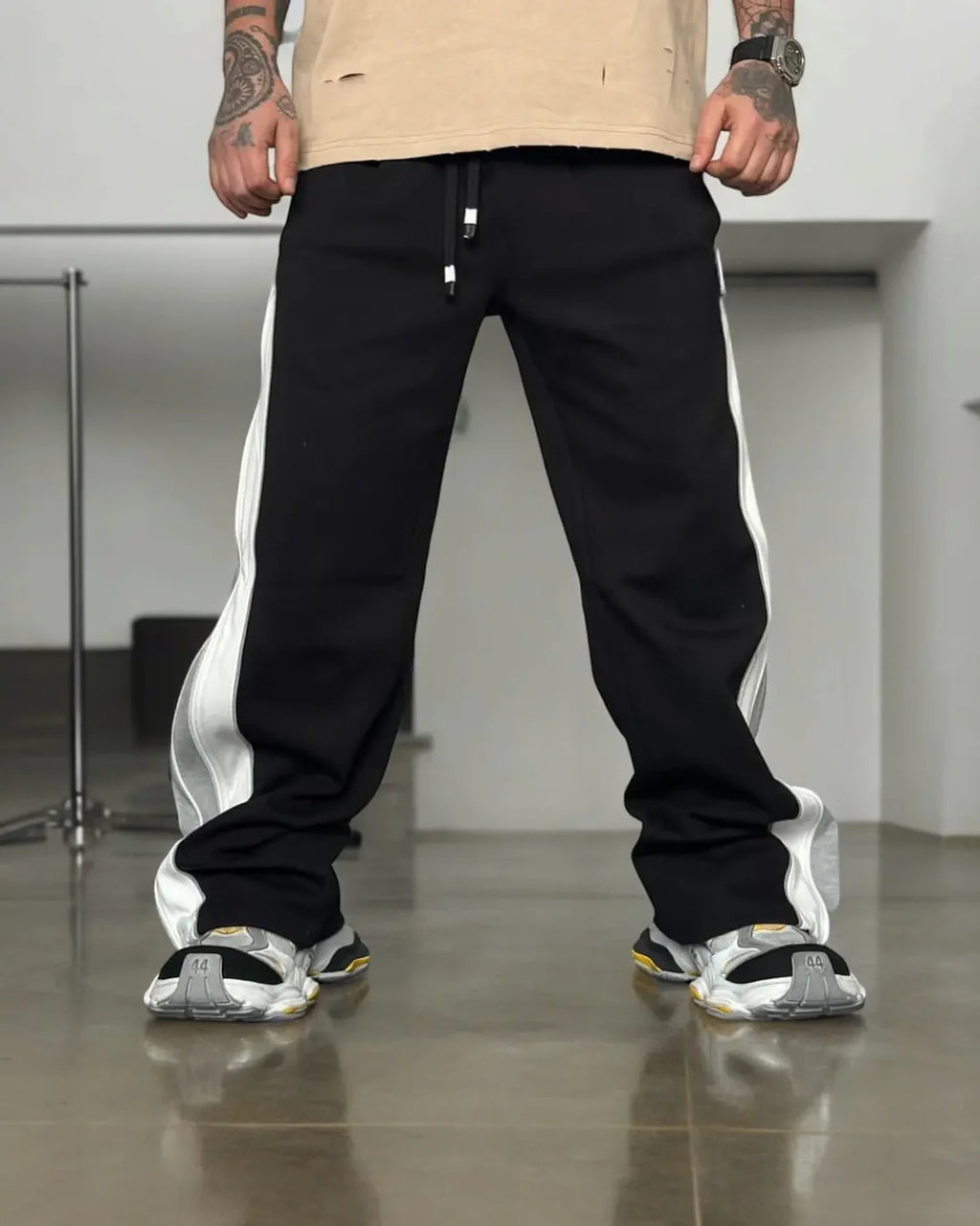 Wearcraft Grey & White Panel Wide-Leg Track Pants with Zipper Detail
