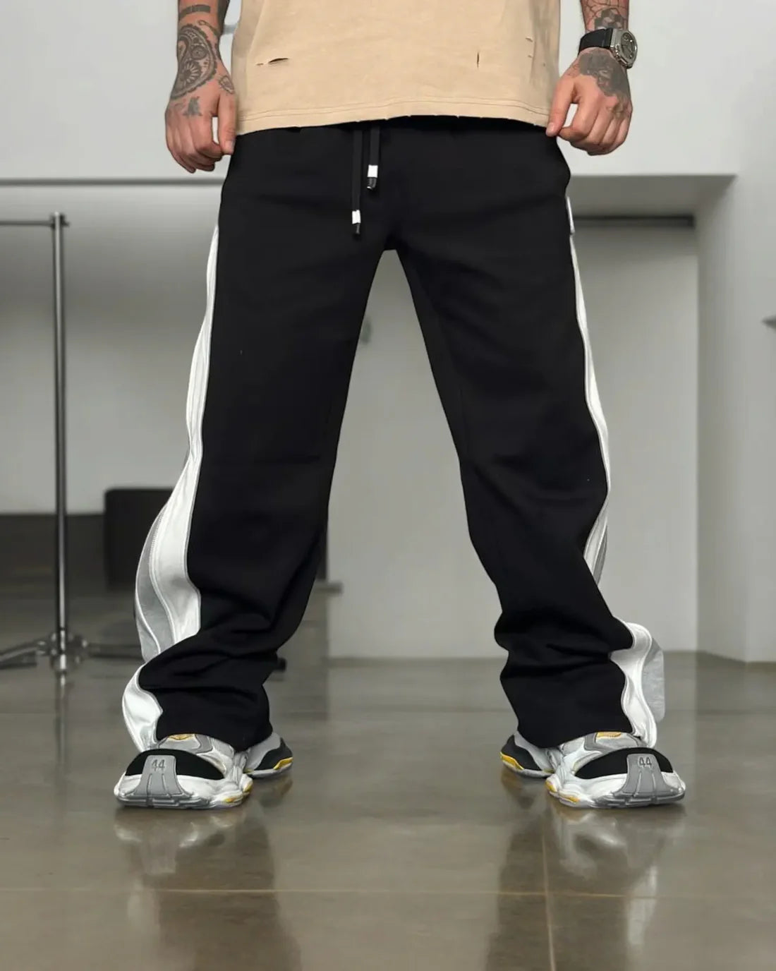 Wearcraft Grey & White Panel Wide-Leg Track Pants with Zipper Detail