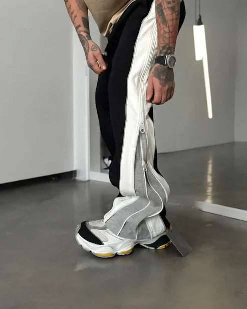 Wearcraft Grey & White Panel Wide-Leg Track Pants with Zipper Detail