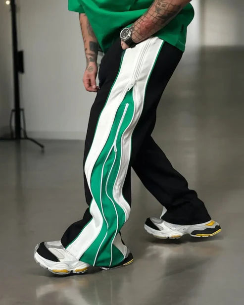 Wearcraft Green & White Panel Wide-Leg Track Pants with Zipper Detail