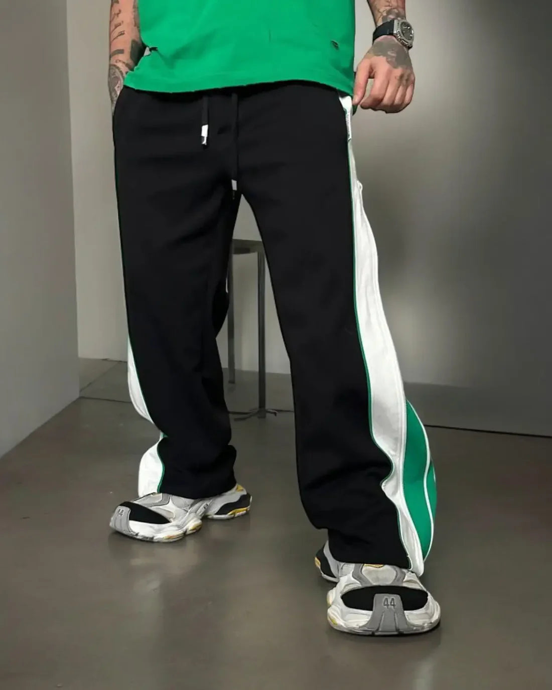 Wearcraft Green & White Panel Wide-Leg Track Pants with Zipper Detail