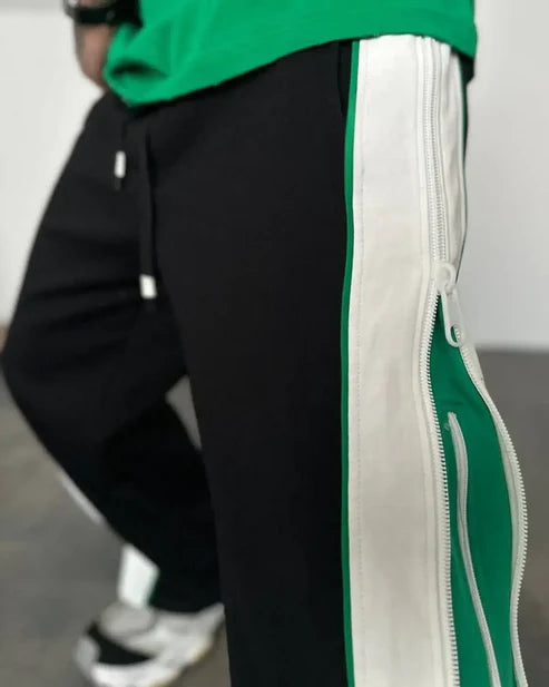 Wearcraft Green & White Panel Wide-Leg Track Pants with Zipper Detail